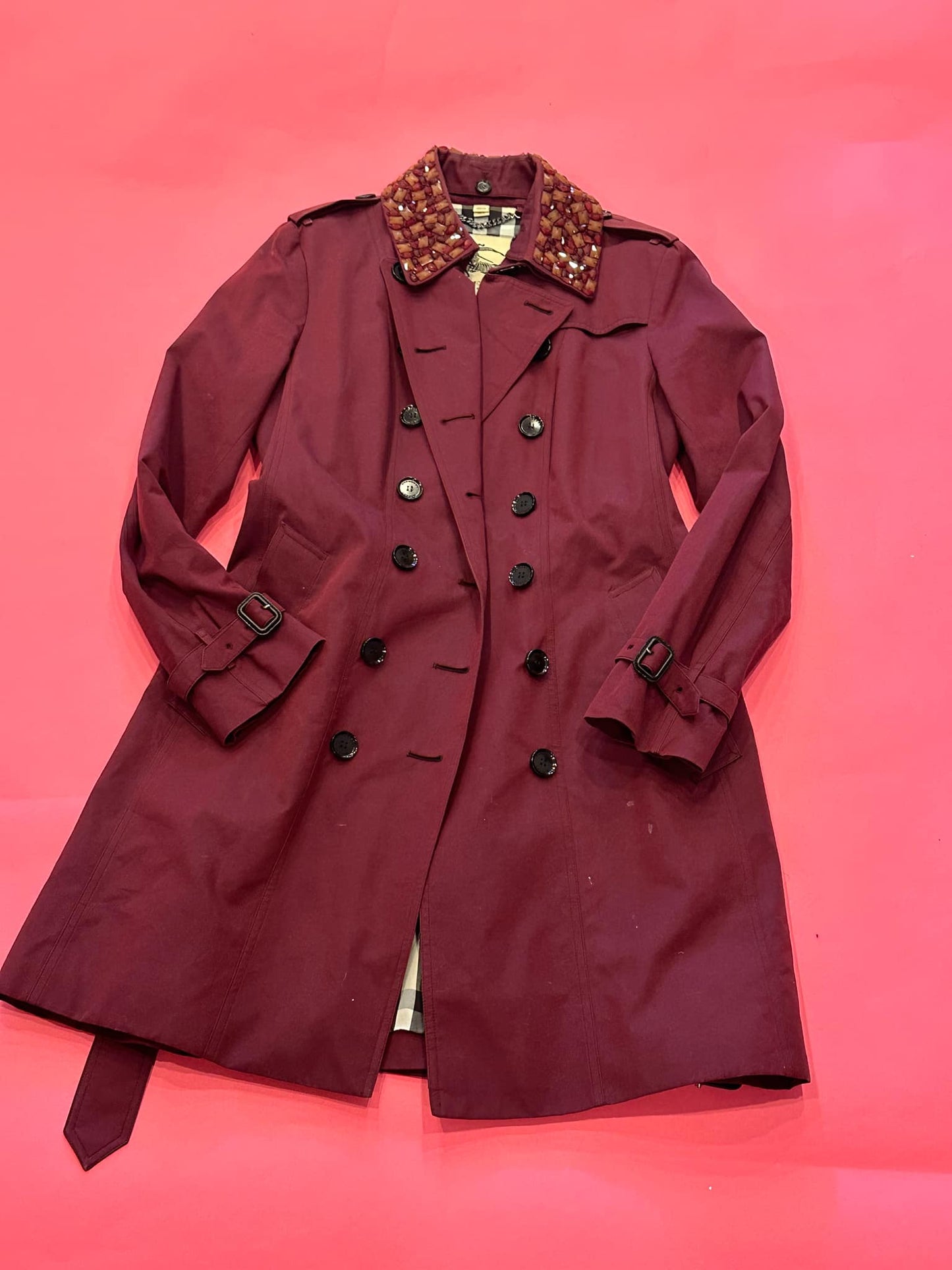 *BURBERRY beaeded neck line trench coat size US12